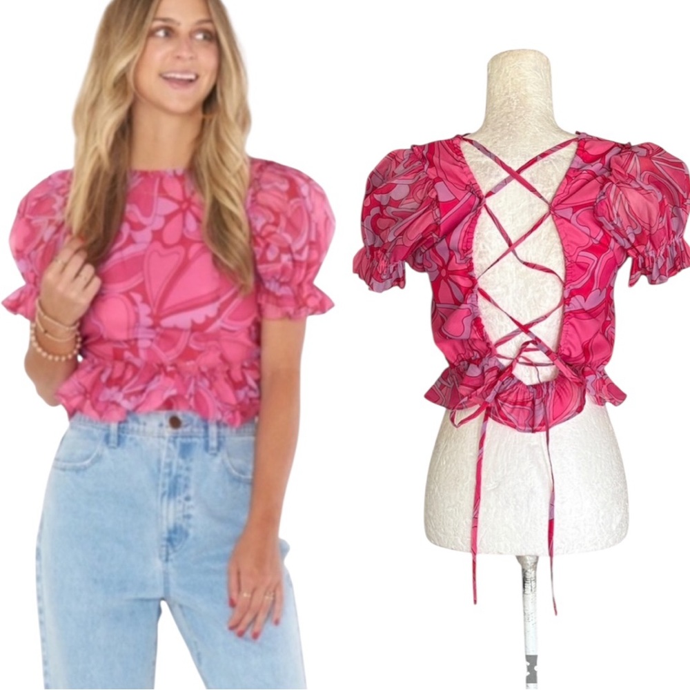 NWT Show Me Your Mumu Daiquiri Peplum Lace Up Crop Top Candy Hearts Organza - M